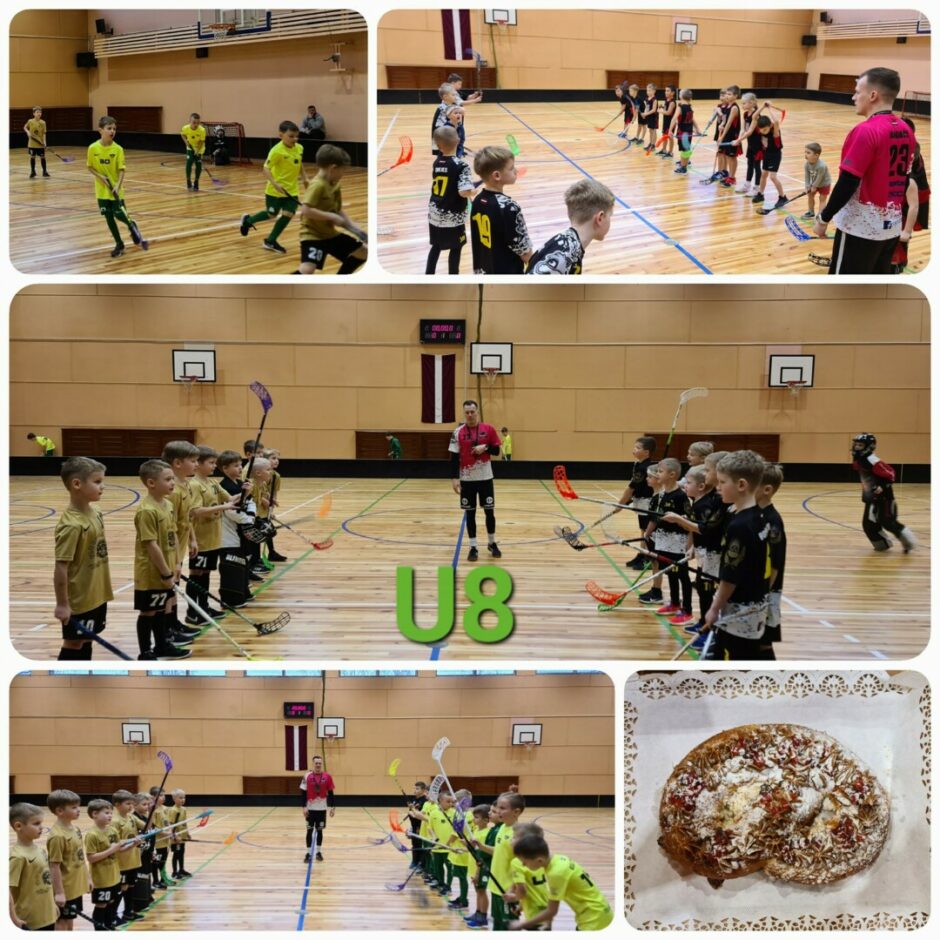 Kolāža florbola spēlētāji un kliņģeris